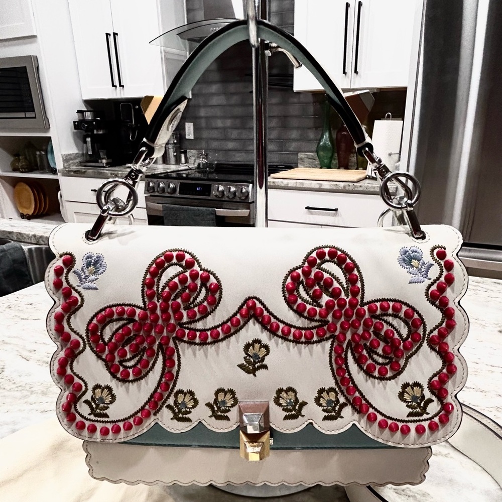 Fendi Authentic Kan I Embroidered Studded Leather Bag